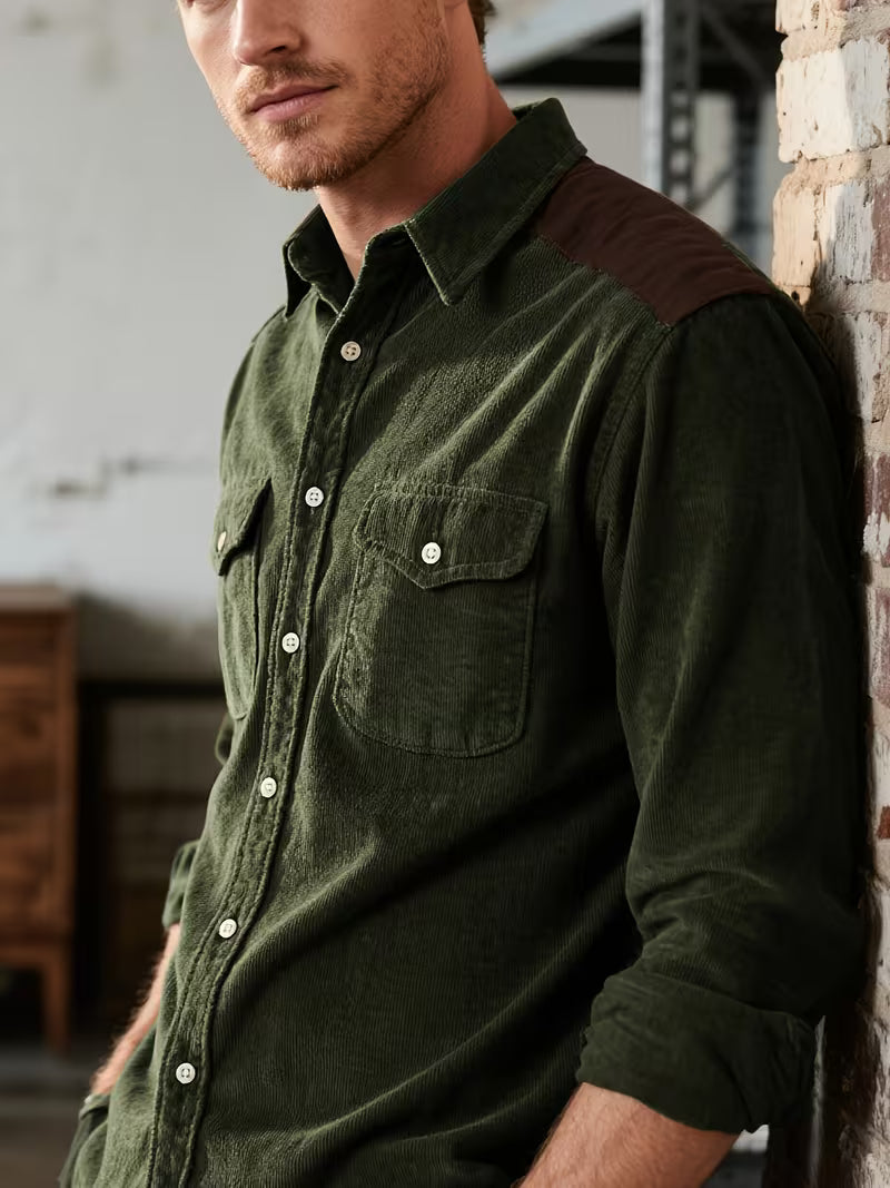 Camisa El Estanciero · Pana Canalada con Paneles de Cuero